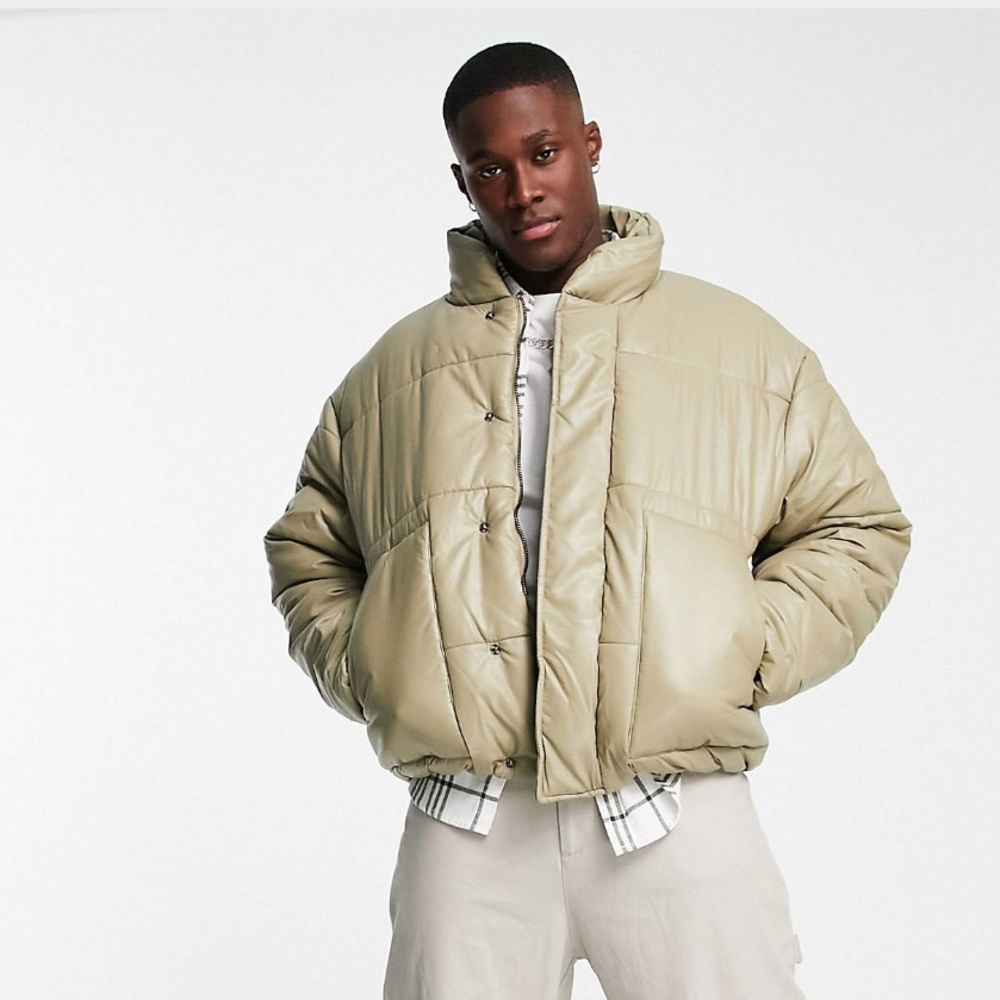 Faux Leather Puffer Jacket in Beige